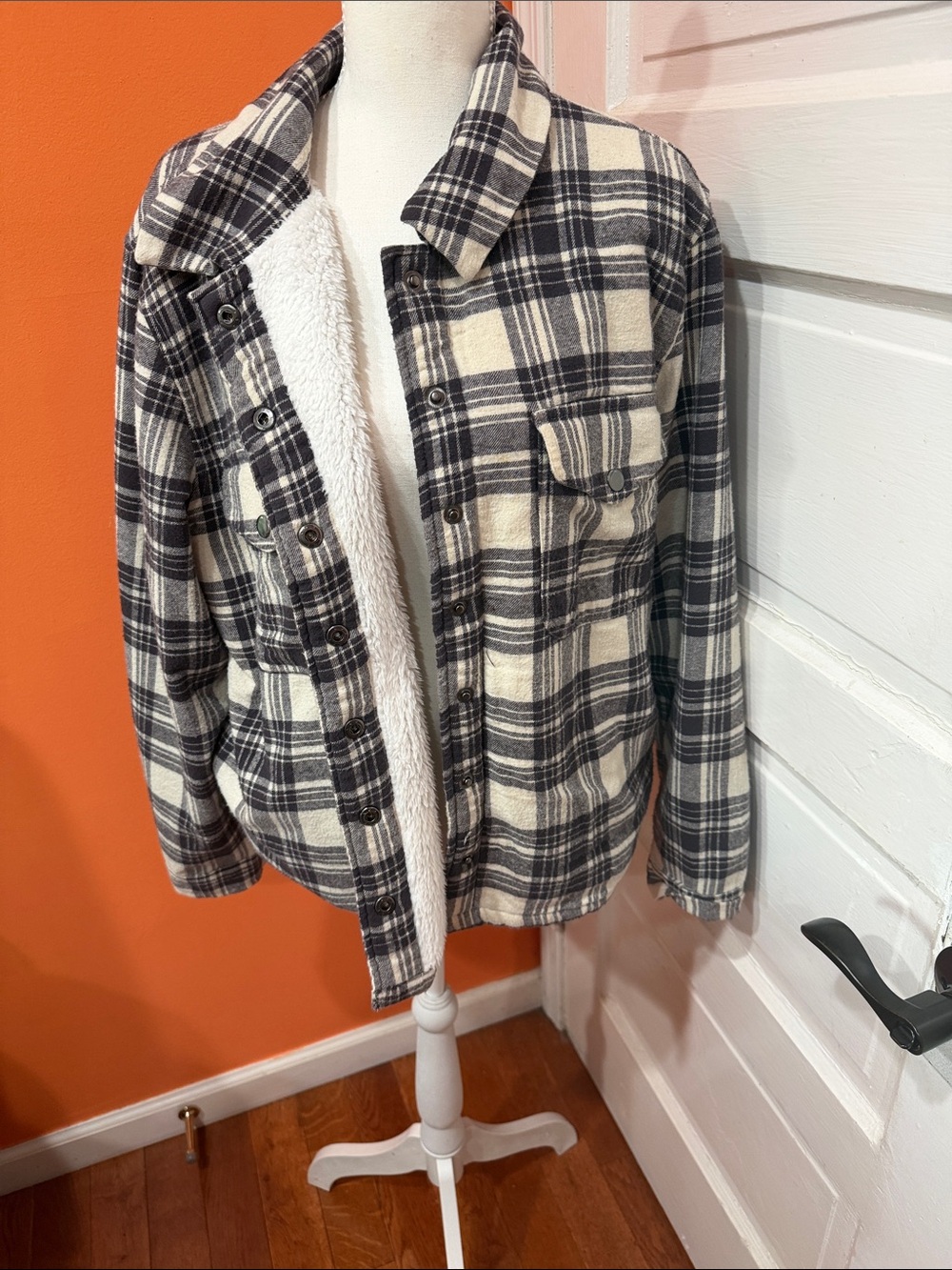 Lucky Brand Black and Cream Plaid Sherpa-Lined Jacket